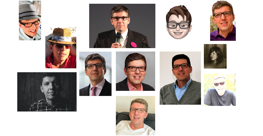 Das Bild zeit eine Collage aus 12 Portraits-Fotos von Thomas. Mit und ohne Hut, mit und ohne Brille und zweimal mit Sonnenbrille. Krawatte, T-Shirt, Sakko, Strickjacke ... alles dabei.